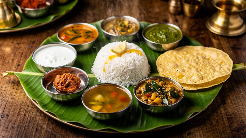 Traditional Andhra Rayalaseema thali meal on banana leaf