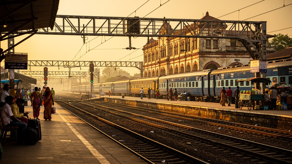 Guntakal Junction railway station at golden hour with trains on platforms